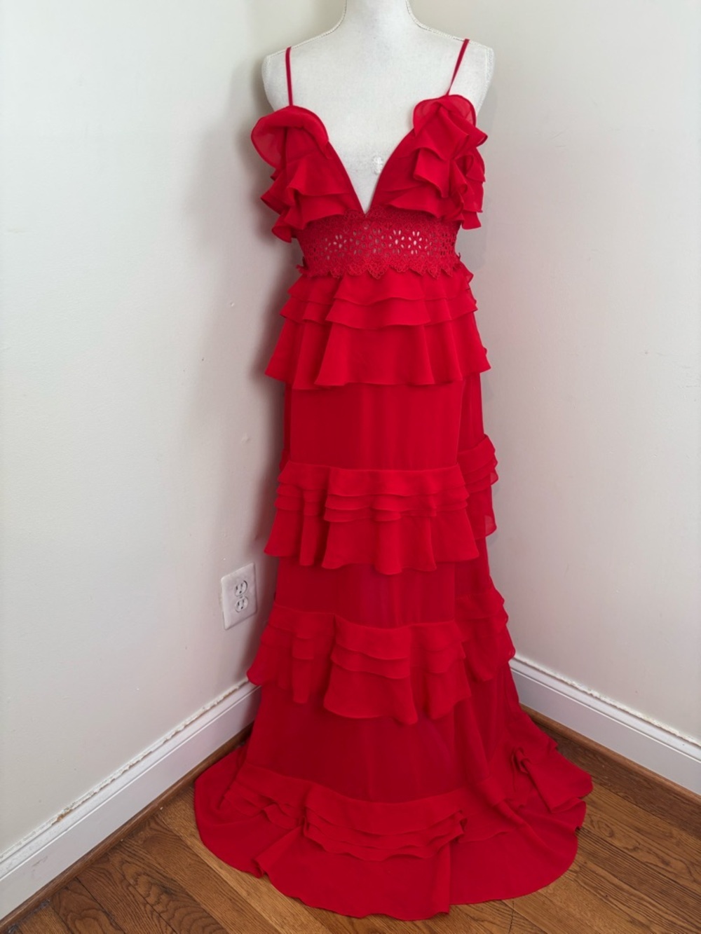 True Decadence Sophia Red Deep Plunge
Layered Ruffle Maxi-Dress Size Large NWT - Picture 2 of 12